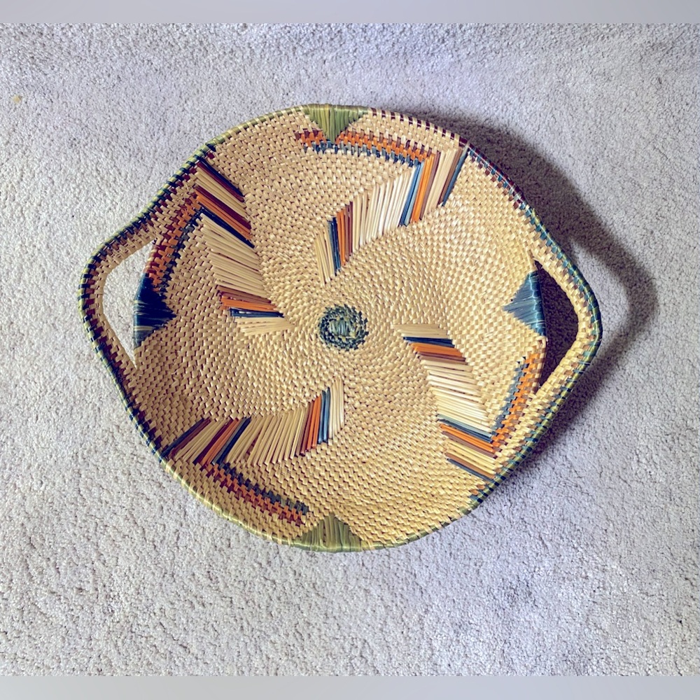Gorgeous Vintage Handmade Wicker Basket Colorful Designs, Size Large